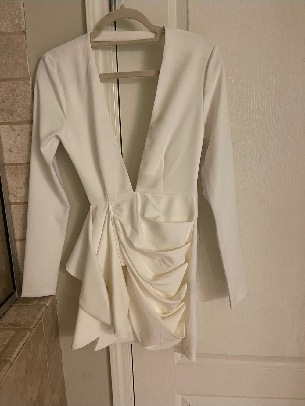 Michael Costello White Long-Sleeve Plunge Draped Mini Dress